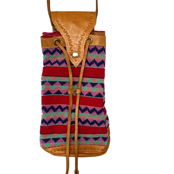 Boho Guatemala Bucket Bag DRAWSTRING Shoulder Tote Leather Woven Pink Red Hippie - Picture 5 of 12